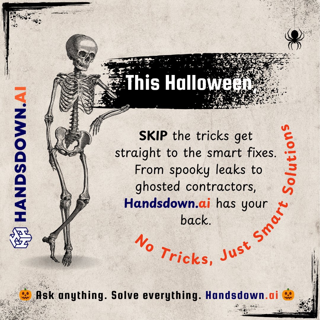 handsdownai's tweet image. Skip the tricks. Get straight to the smart fixes.
From spooky leaks to ghosted contractors, Handsdown.ai helps you solve everyday problems instantly.
No tricks, just smart solutions.
👉 handsdown.ai
#Halloween #HandsdownAI #SmartFixes