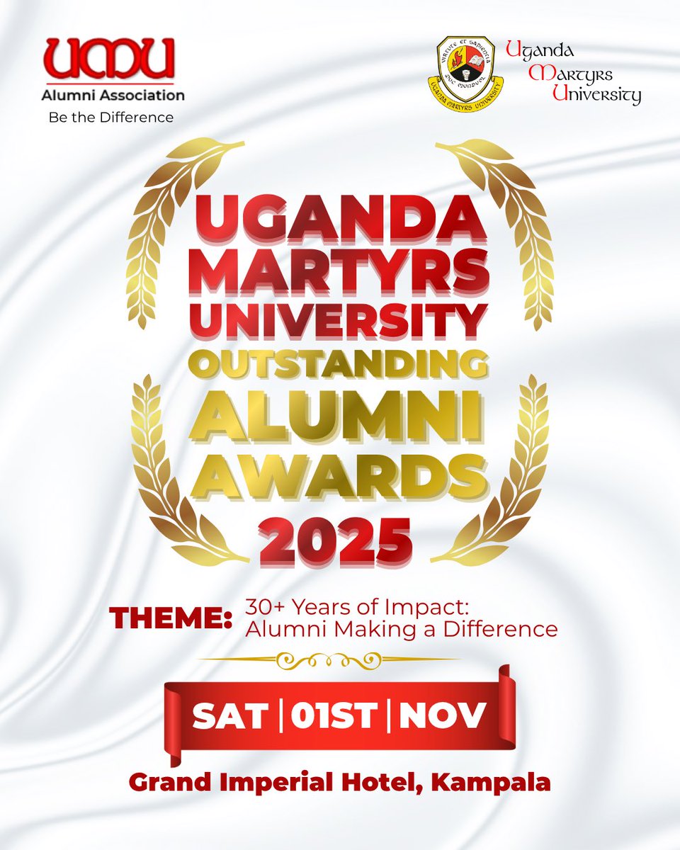umu_nkozi's tweet photo. For 30+ years, our alumni have shaped industries, led communities, and inspired generations.
Now it’s time to celebrate them!

📅 1st Nov 2025
📍 Grand Imperial Hotel

Outstanding Alumni Awards 2025
and a tagline: Celebrating 30+ Years of Impact

#UMUAlumniAwards2025 #ProudlyUMU https://t.co/46uYadNVZh