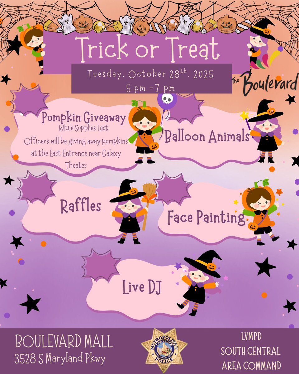 🎃🚓 Join us today at the Boulevard Mall for Trunk or Treat &amp; Pumpkin Giveaway!
Stop by for candy, pumpkins, and Halloween fun with your local officers. 👻🍬

📍 Boulevard Mall
🕒 5 PM-7 PM

#TrunkOrTreat #CommunityFirst #BoulevardMall #Halloween