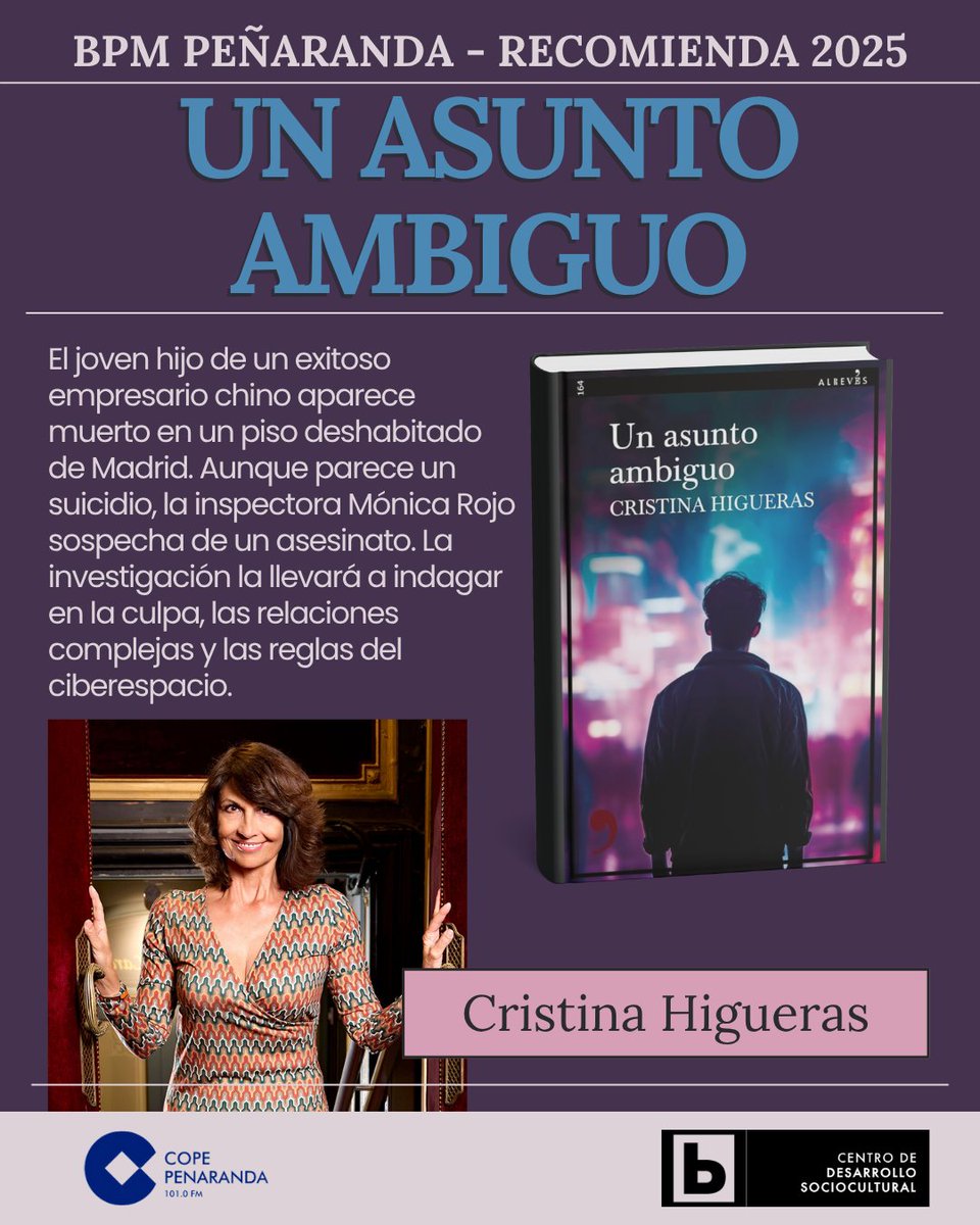 🕵️ José Luis recomienda en #COPEPeñaranda "Un asunto ambiguo", de Cristina Higueras. 
Un misterio inquietante donde la muerte de Adrián desencadena secretos familiares, sectas y una red de apariencias. Disponible en la biblioteca. #UnAsuntoAmbiguo #NovelaNegra
