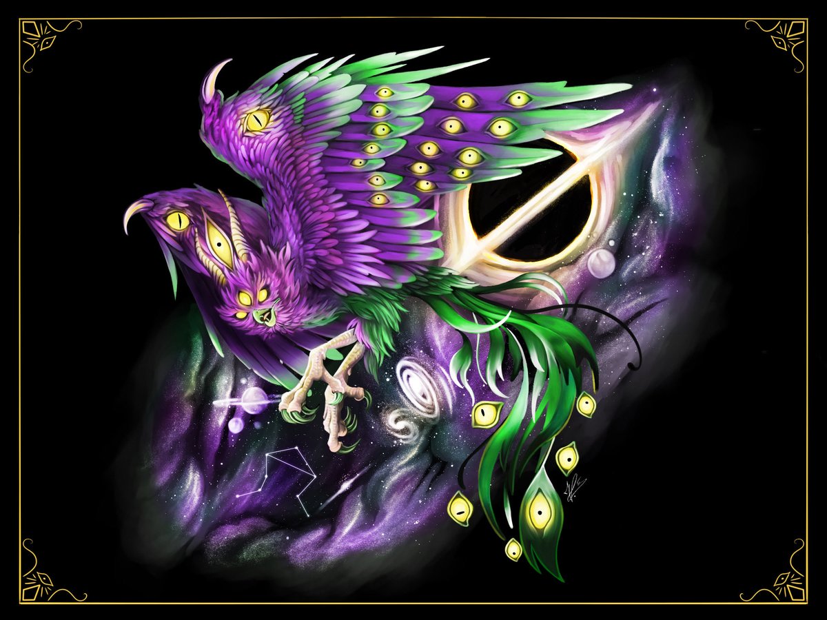 Art Lore: the artwork with the Eldritch Owl was actually a commission for a tattoo. It features a black hole, a Libra constellations, and floats in the cosmos. All of it as ordered by the client. 
(Also I have screen recording of the process 👁️)✨