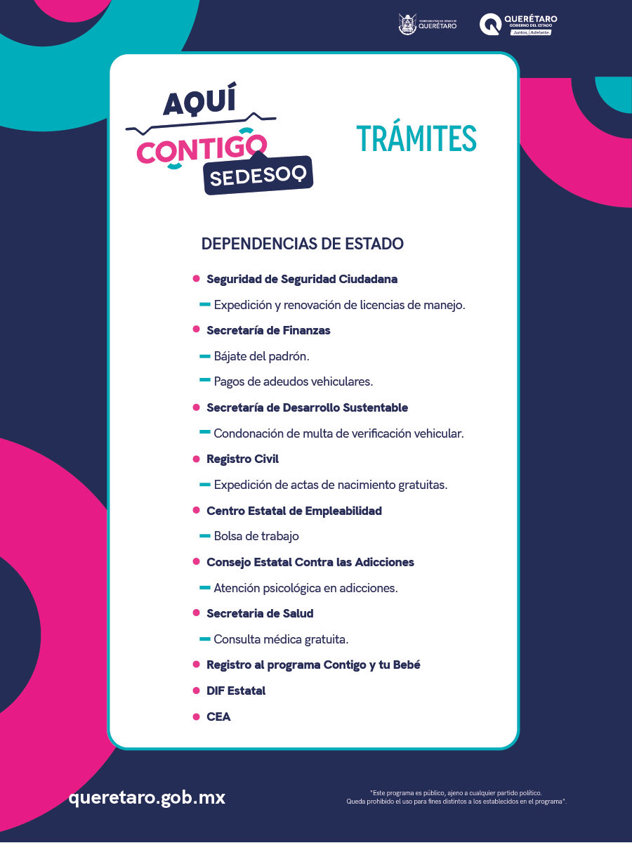 ¡Atención Cadereyta!

Te esperaos este miércoles 29 de octubre en la Jornada Estatal #AquíContigo SEDESOQ en la que tendremos la presencia de distintas dependencias del Gobierno del Estado para acercar los trámites y servicios necesarios a tu localidad.

#CONTIGO #QroNosMueve