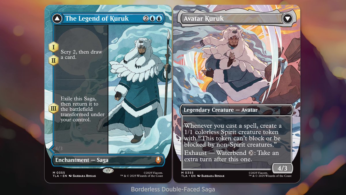 Want to bling out your #MTGxATLA decks? Check out the Borderless Battle Pose, Borderless Elemental Frame, and Borderless Double-Faced Saga cards.