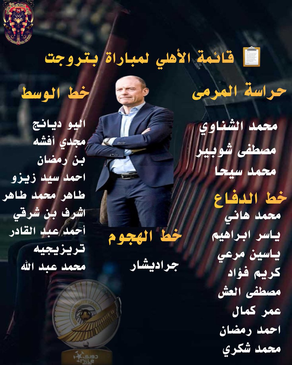 قائمة فريقنا لمواجهة بتروجت في الدوري🦅
عودة الشناوي وظهور أول لكريم فؤاد بعد الاصابة 
#نسور_الأهلي 
#يلا_يا_اهلي