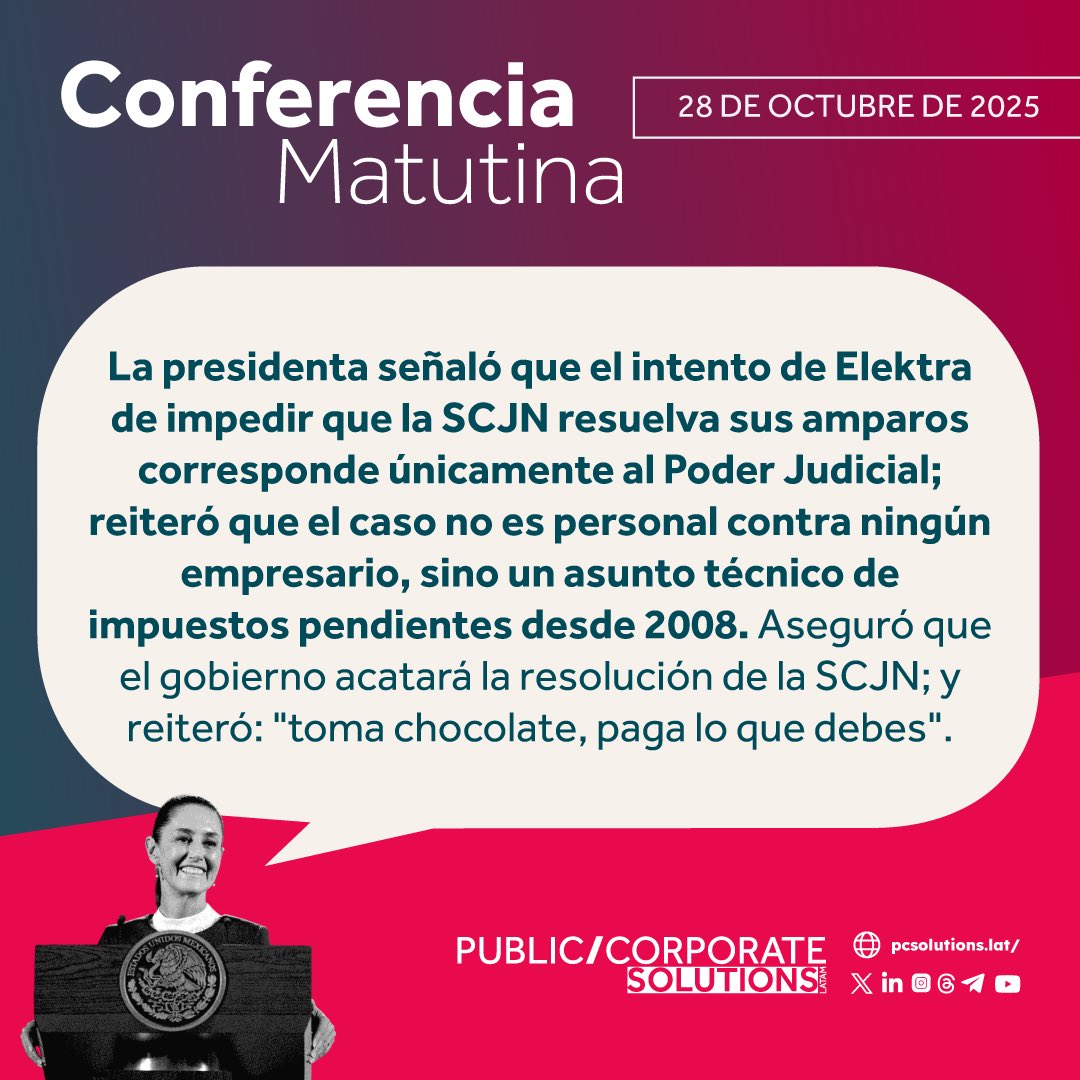 PCSolutions_'s tweet image. 🚨🎙️ La presidenta @Claudiashein señaló que el intento de @ElektraMx de impedir que la @SCJN resuelva sus amparos corresponde únicamente al #PoderJudicial. 
Consulta lo más importante de la #MañaneraDelPueblo 👉🏻 pcsolutions.lat/publicaciones/…