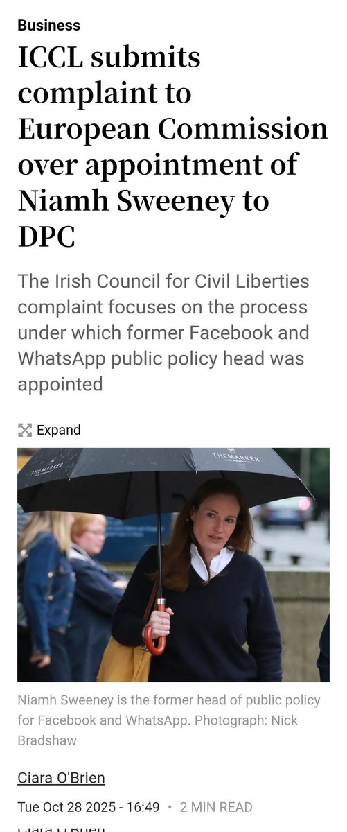 caulmick's tweet photo. #ICCL submits complaint to European Commission over appointment of Niamh Sweeney to #DPC

A former journalist and ministerial adviser, Ms Sweeney spent six years at Meta, where she was head of public policy in Ireland for Facebook before becoming WhatsApp’s director of public policy for Europe, Middle East and Africa.

https://t.co/YShH7oBwFh
