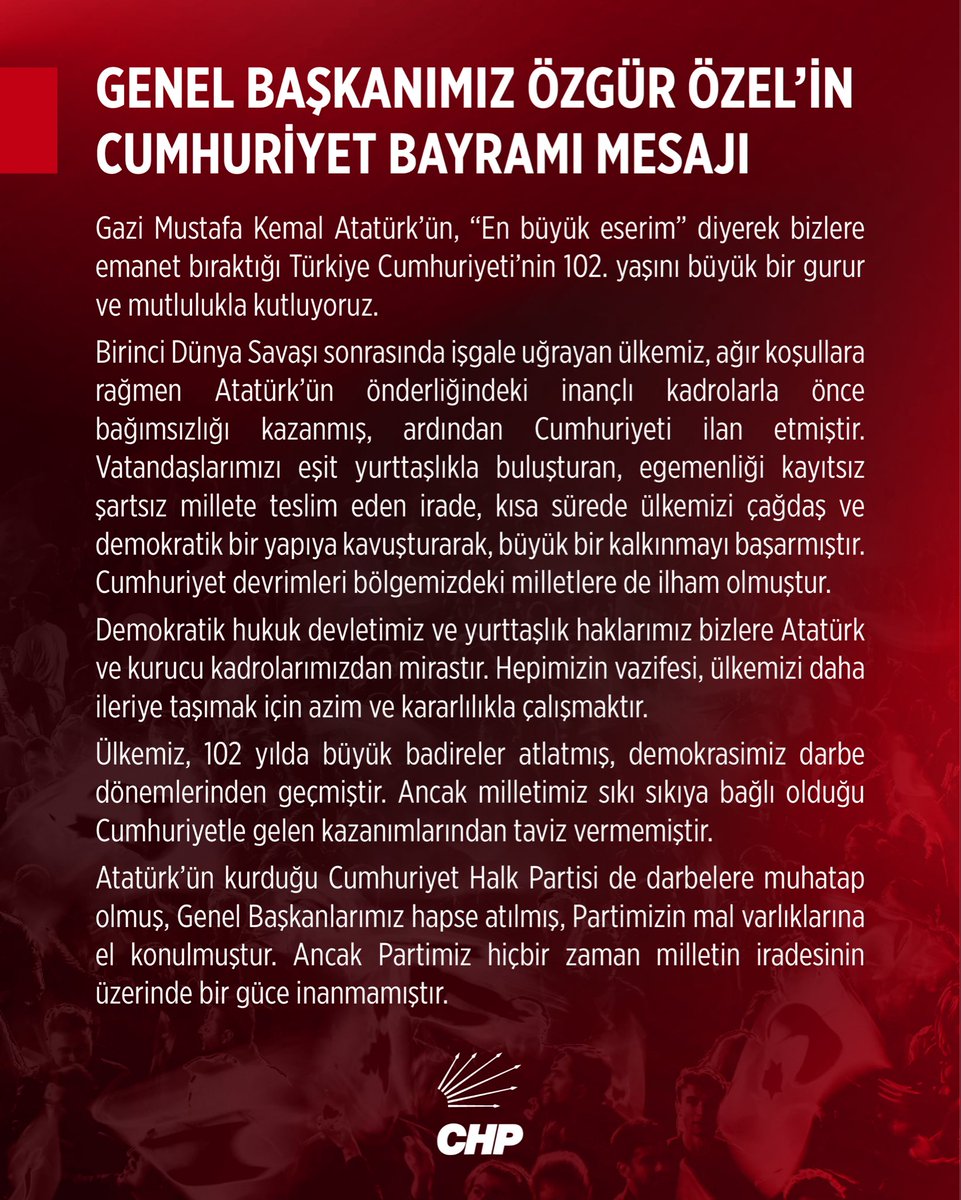 herkesicinCHP's tweet photo. Genel Başkanımız Özgür Özel’in 29 Ekim Cumhuriyet Bayramı mesajı https://t.co/Sbx8Uzc92h