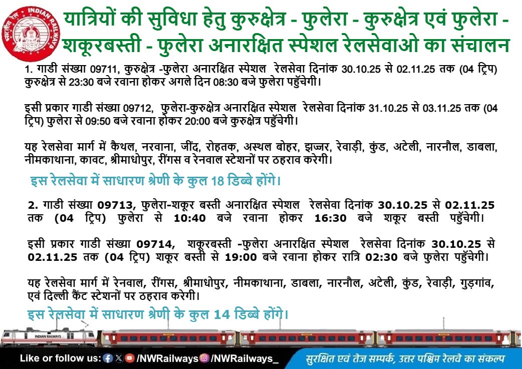 देवउठनी एकादशी के उपलक्ष में खाटूश्यामजी के श्रद्धालुओं की सुविधा हेतु। रेलवे द्वारा गाड़ी संख्या- 09711/12 कुरुक्षेत्र-फुलेरा-कुरुक्षेत्र स्पेशल का संचालन। 🚂🚃🚃