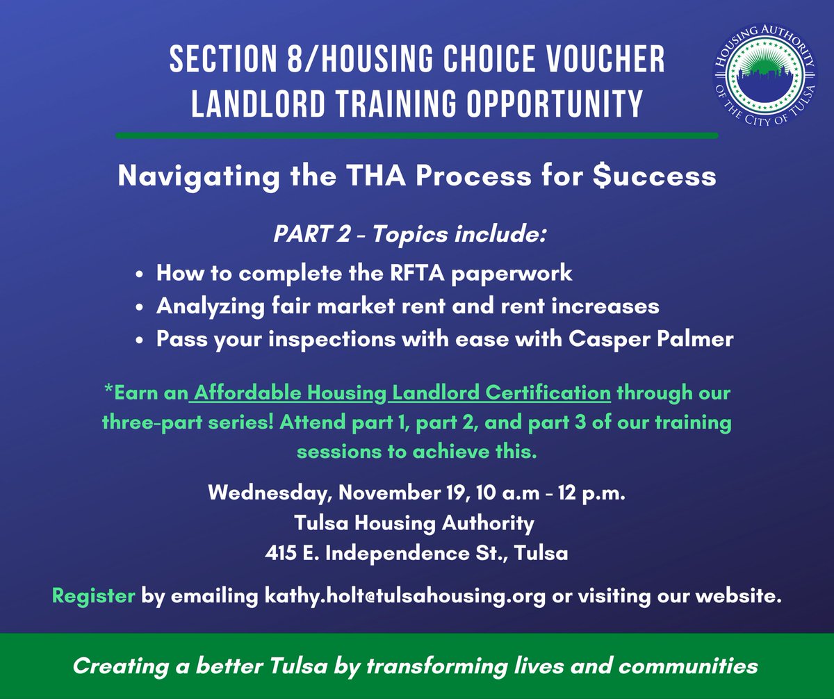 Are you an investor that’s interested in affordable housing? 💡

Attend our landlord training on November 19 to learn more about reducing vacancies and other opportunities THA has to offer. 🤝

Register by visiting our website 🖥️ at tulsahousing.org/housing/vouche…