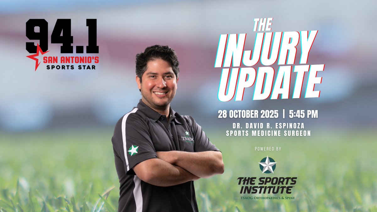 Tune in TONIGHT at 5:45 PM to 94.1 FM for the SASportsStar Injury Update! 

Tonight’s show will feature sports medicine physician, Dr. David R. Espinoza. Topics include current professional athlete injuries and their recoveries. #SportsMedicine

tunein.com/radio/The-Blit…
