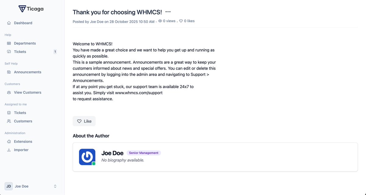 Using our <a href="/whmcs/">WHMCS</a> module for tickets but don’t want to lose your tickets? In 2.2.0 you can import tickets, announcements and customers to #Ticaga.