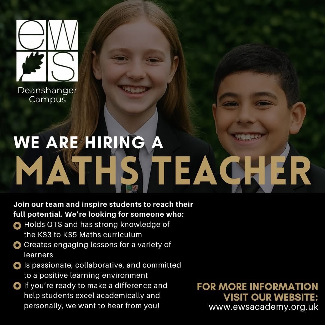 EWSacademy_'s tweet photo. We’re hiring a Maths Teacher on our Deanshanger Campus!

If you’re ready to make a difference and help students excel academically and personally, we want to hear from you!

#MathsTeacher #TeachingJobs #EducationCareers #JoinOurTeam #InspireLearning https://t.co/OLsjFTg5oF