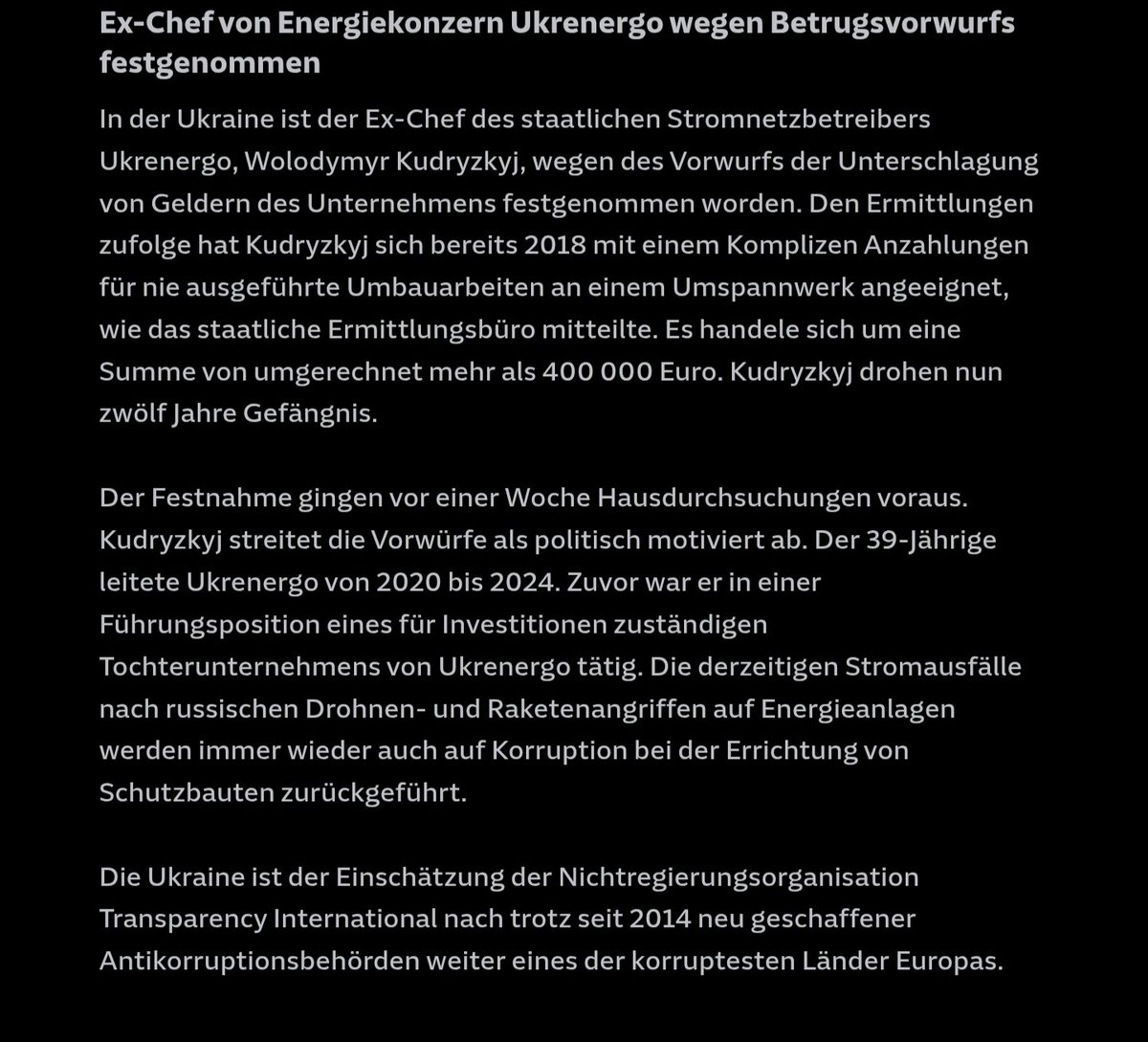 Ex-Chef des ukrainischen Energiekonzerns Ukrenergo wegen Korruption festgenommen.

Wisst ihr, wer dort jetzt arbeitet?