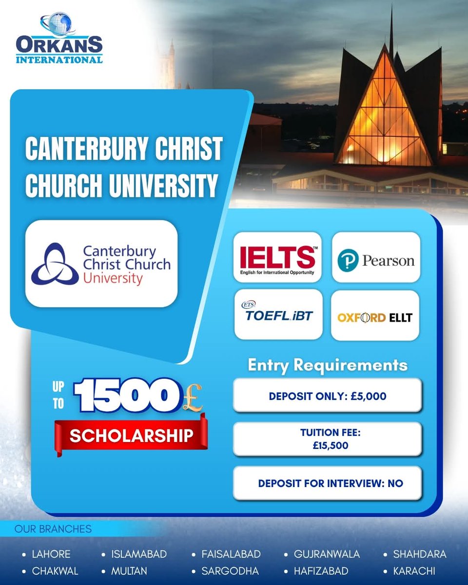 MudassarManda's tweet photo. 🎓 Study at Canterbury Christ Church University 
Secure your admission with just £5,000 deposit / 1500 £ Scholarship 
𝐎𝐑𝐊𝐀𝐍𝐒-𝐋𝐚𝐡𝐨𝐫𝐞 𝐎𝐟𝐟𝐢𝐜𝐞-𝐇𝐞𝐚𝐝 𝐎𝐟𝐟𝐢𝐜𝐞
📍 F-3, 1st Floor, Capri Centre, Firdous Market, Gulberg III, Lahore
📞 0300-0392621, 0300-0292662 https://t.co/NbDoqCTZWg