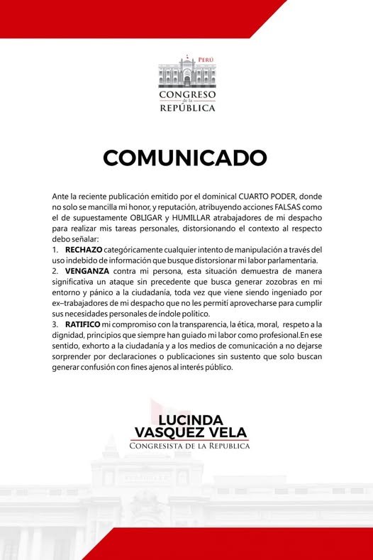 Congresista <a href="/LucindaVasquezV/">Lucinda Vásquez Vela</a> mediante comunicado asegura ser víctima de una venganza de sus ex trabajadores. Pero no dice nada sobre porqué ellos le cortaban las uñas en su despacho y le preparaban el desayuno en su casa y durante horas de trabajo