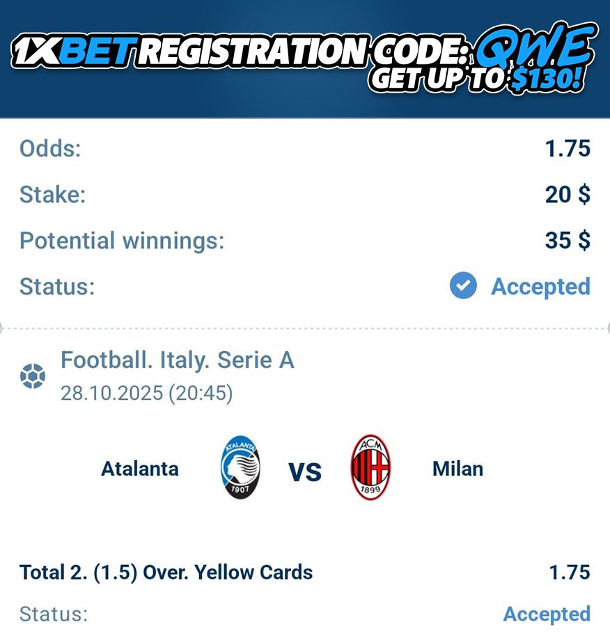 Atalanta 🆚 AC Milan

Prediction:
AC Milan Over 1.5 Yellow Cards 📈

Odds: 1.75❗️

Registration Promo Code (130$ bonus) = "QWE" 🎁

Mobile App: reffpa.com/L?tag=d_467577…

#Betting #Gambling𝕏 #cards #ACMilan #Atalanta #SerieA #AtalantaMilan #milan