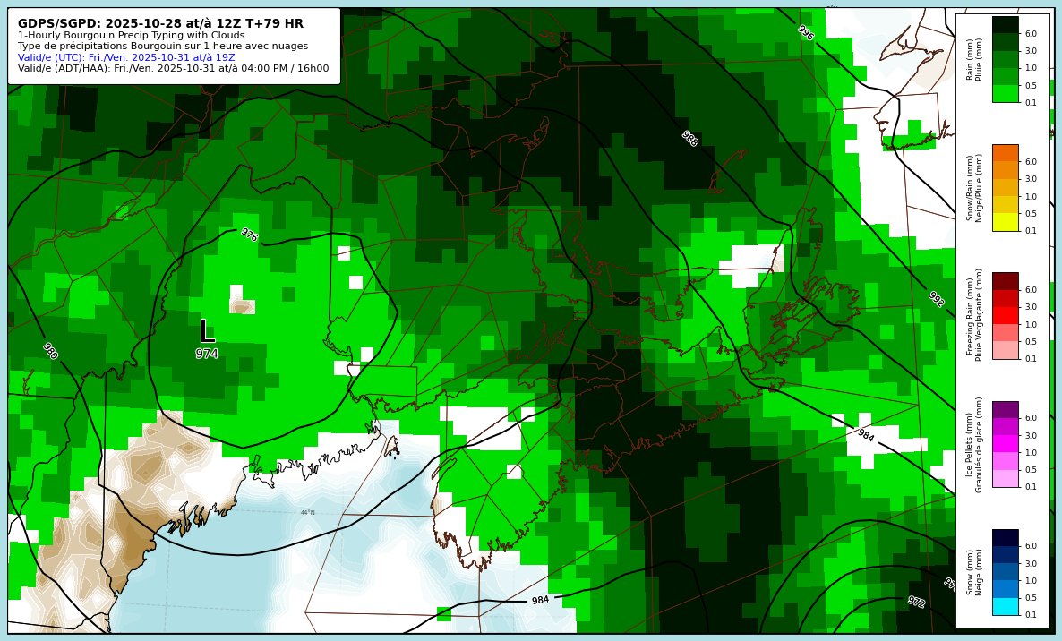 ECCCWeatherNS's tweet image. 🍂🎃 Halloween (fall) storm taking shape. Rain and gusty winds are in the Maritime forecast for this Friday. Details: ow.ly/FV9f50Xj6gJ

☔ Below is a depiction of the precip and pressure field from the 12z GDPS for Friday early evening.