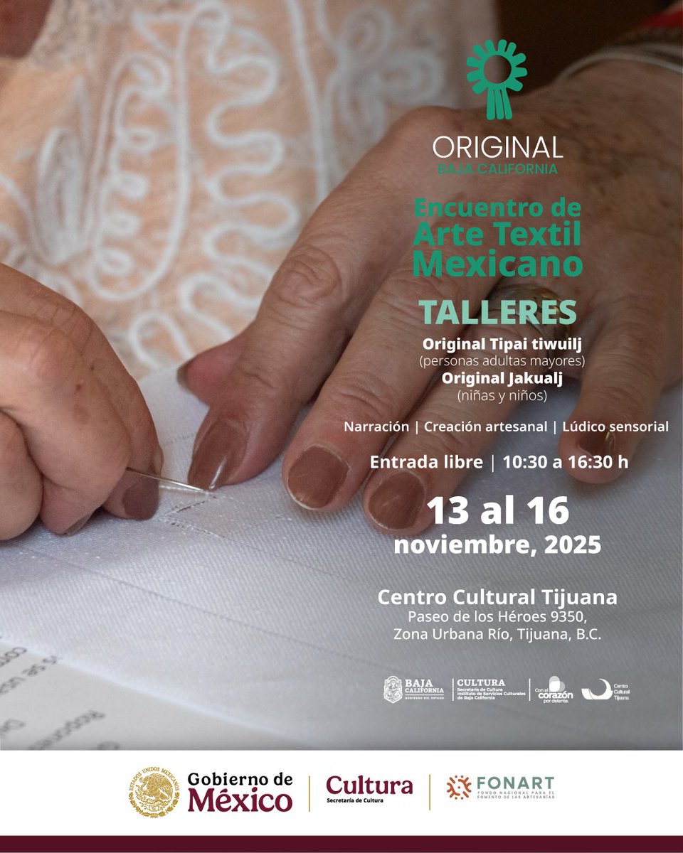 From November 13–16, #Tijuana will host #ORIGINAL2025, Latin America’s largest Mexican textile art fair. (<a href="/OriginalMexico/">Original México</a>)

Over 270 artisans and collectives from 30 states will showcase Mexico’s creativity and heritage.

#CulturalDiplomacy #MadeInMexico