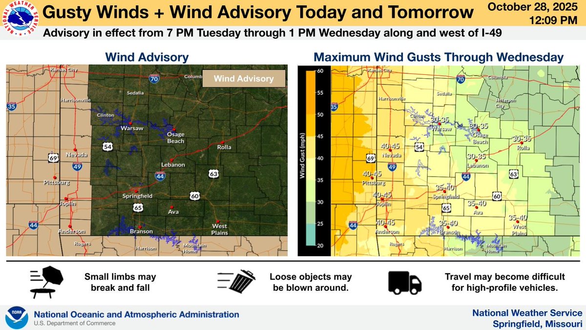 Winds will increase this evening and tonight, becoming gusty across the area through Wednesday morning. Highest winds are expected along and west of Interstate 49 in western Missouri, where a Wind Advisory is in effect from 7 PM tonight through 1 PM on Wednesday. #mowx #kswx