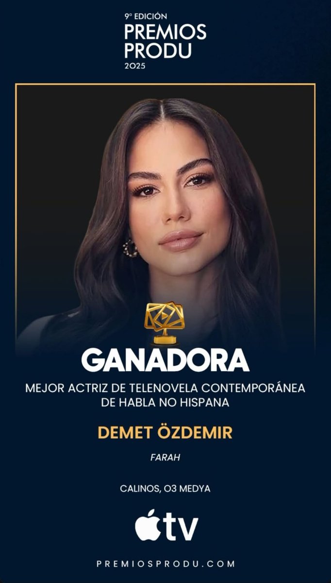 Orgoglio e Soddisfazione!
Il riconoscimento del proprio lavoro e del proprio talento artistico.
I Produ Premios celebrano Demet quale vincitrice dell'ambito premio come
"Migliore Attrice Straniera" 
per la sua interpretazione di
Farah Erşadi 🏆

#DemetÖzdemir 
#Farah
#AdımFarah
