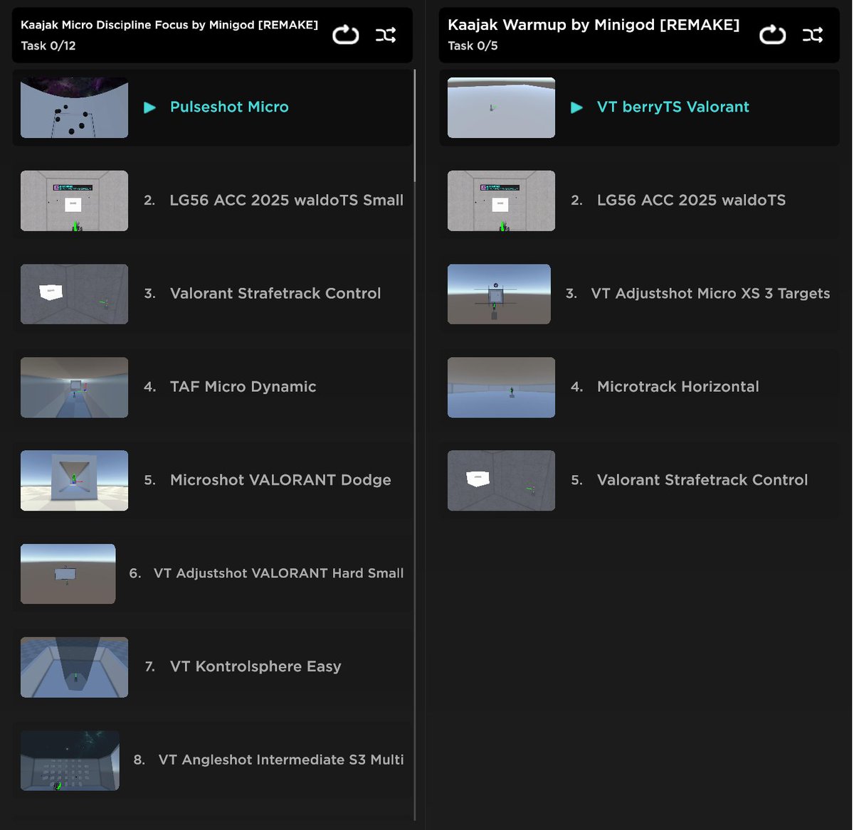 lowgravity56's tweet image. I was asked to replicate these VALORANT playlists @minigodcs made for @kaajakval on Aimlabs! 💙

Below you can find a micro focused routine and a short warmup routine you can use to train like the pros for free! 🔥

Links below ⬇️