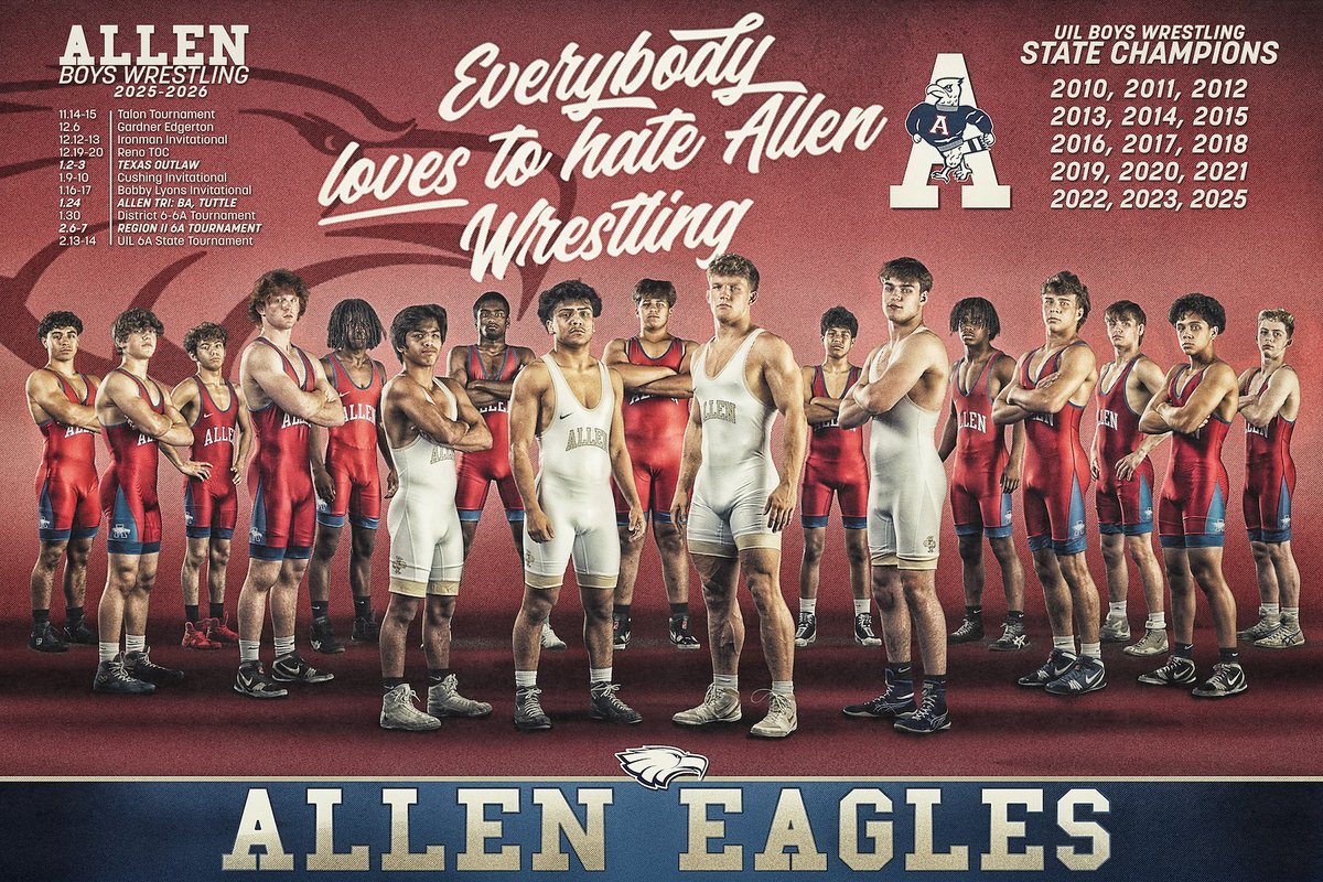 Everybody 𝒍𝒐𝒗𝒆𝒔 to hate Allen Wrestling 

25-26 team poster is here🦅