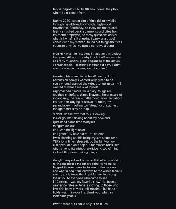 🚨 Tyler, The Creator à propos de "CHROMAKOPIA" pour les 1 an de l'album :  

"Quelle année incroyable, merci beaucoup à tous mes fans et à toute mon équipe. J'avais prévu que cet album soit mon dernier avant longtemps."