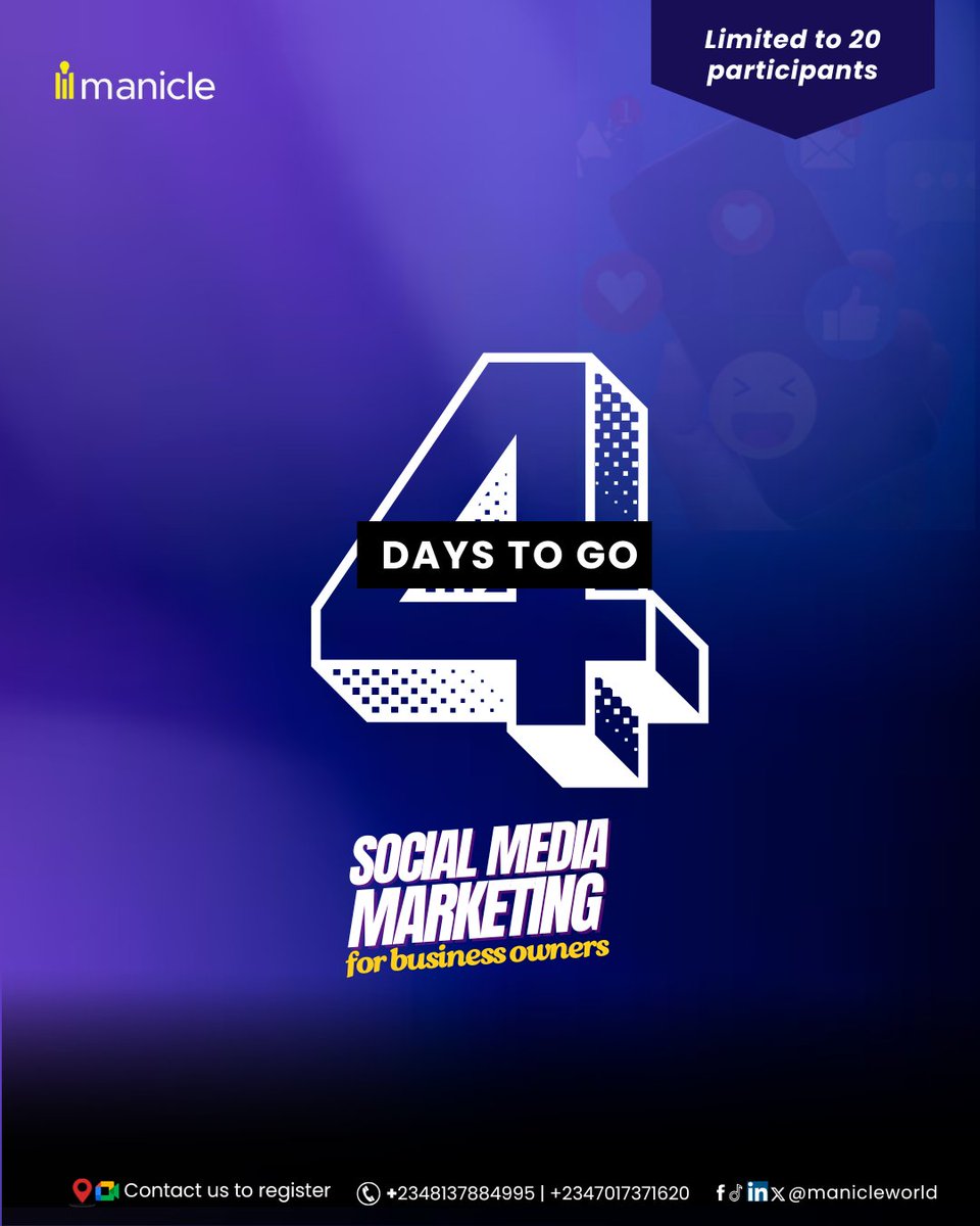 Manicleworld's tweet photo. 4 days to ignite your social media marketing skills. Register now!!!

#socialmediamarketingclass  #manicle #november1st https://t.co/C9o6i0xxo9