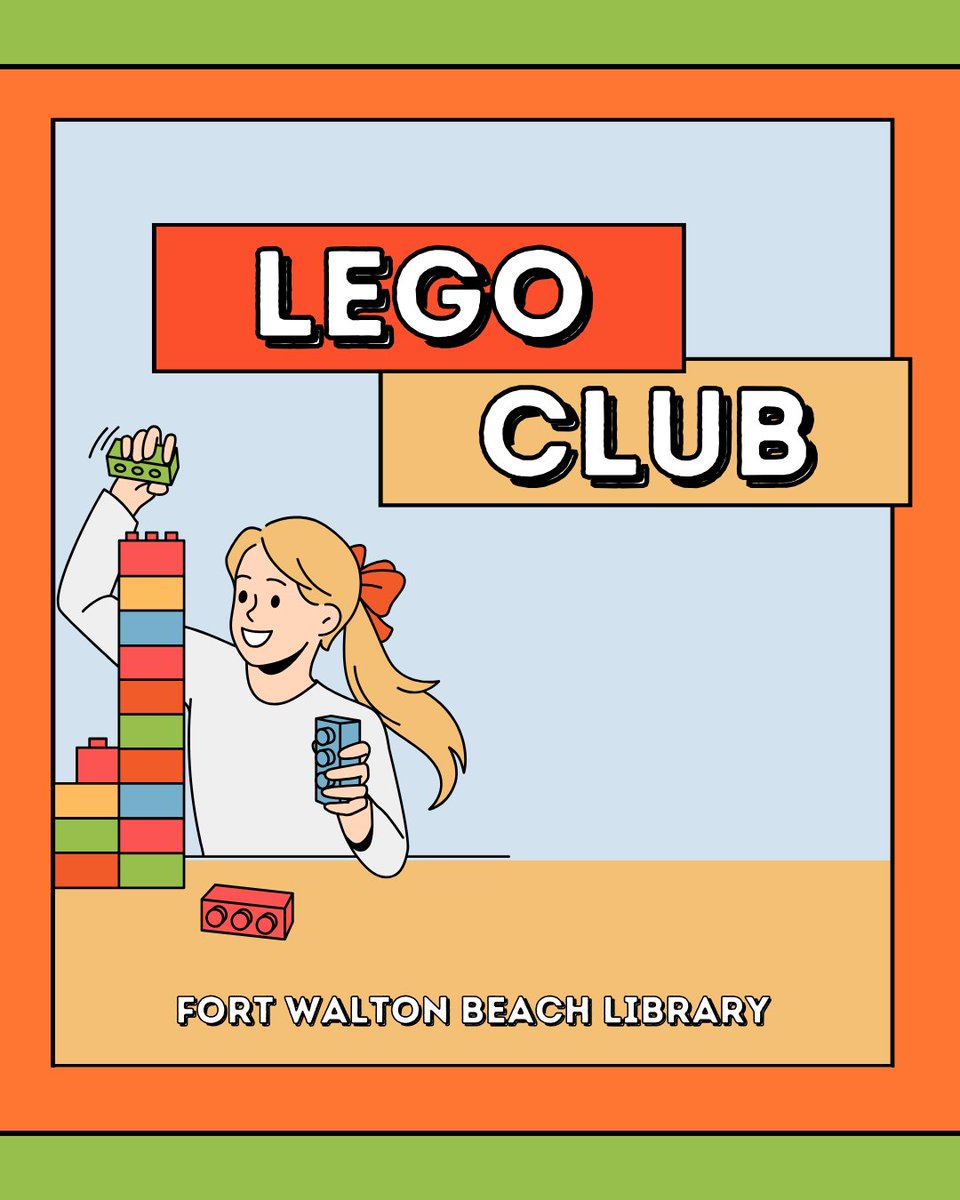 Kids 5 and up are invited to join the #LegoClub at #fwblibrary! The club meets on November 12th at 3 PM and 22nd at 10 AM. No registration is required. For more info, visit live-okaloosa.pantheonsite.io/events/upcomin… #lego