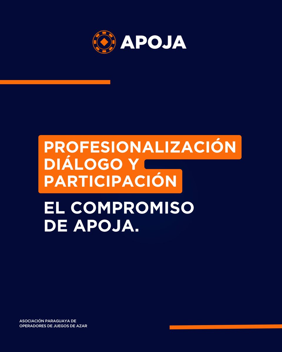 apoja_py's tweet image. Profesionalización, Diálogo y Participación.
Este es el COMPROMISO DE APOJA con el sector y la sociedad. Trabajamos por un juego legal, seguro y responsable.

APOJA | Asociación Paraguaya de Operadores de Juegos de Azar