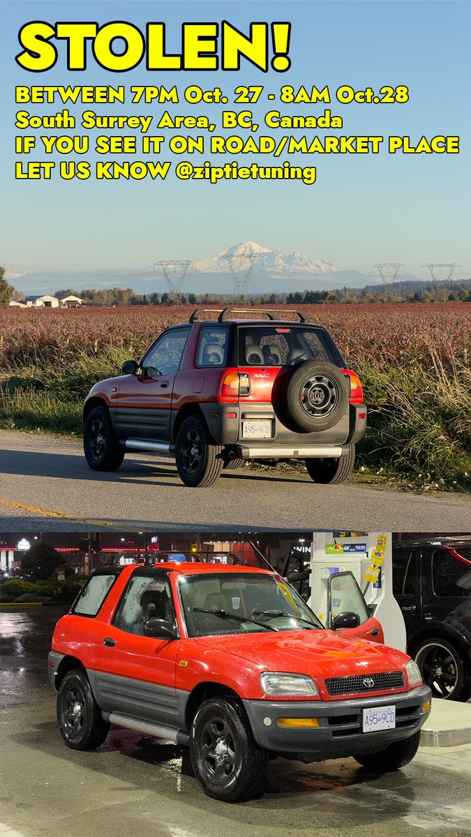 If anyone happens to see a mint 3 door RAV4 around Vancouver please let me know. Just bought it and sadly it has been stolen.