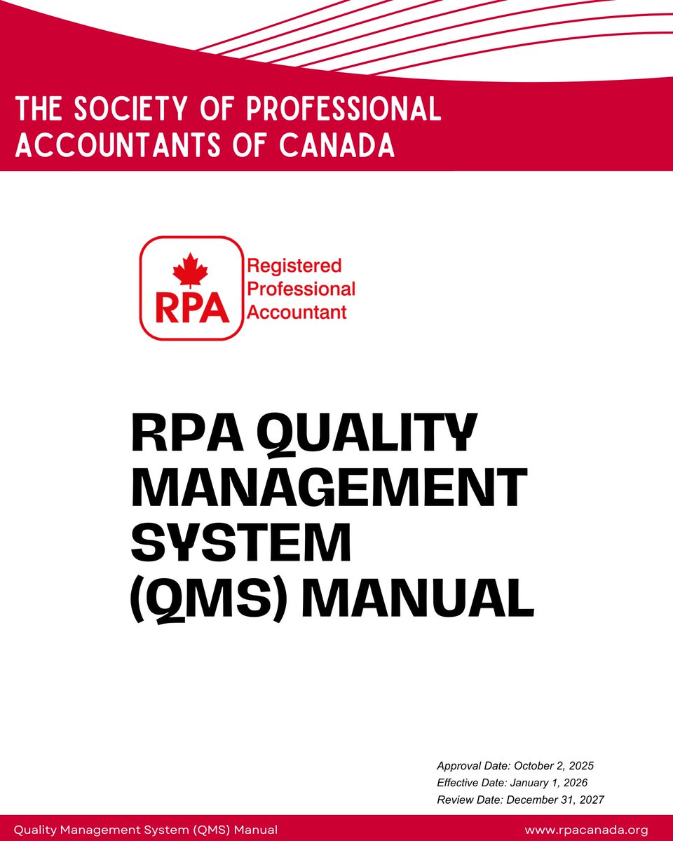 rpacanada's tweet image. RPA Canada released its new Quality Management System (QMS) Manual at the 47th AGM.
Effective Jan 1, 2026, it strengthens accountability and public trust in accounting.
More in Professional Accountant magazine:
 lnkd.in/eP9tNKYp

#RPACanada #QMS #Accounting