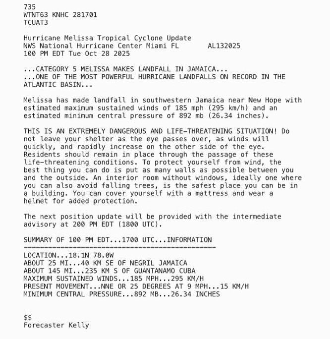 🚨HURRICANE MELISSA UPDATE:
Melissa made landfall in SW Jamaica as a Category 5 with 185 mph winds &amp; 892 mb pressure — tied as the 3rd strongest Atlantic hurricane ever, behind Wilma (2005) &amp; Gilbert (1988).

🇨🇺 Cuba is next tonight into tomorrow morning. #HurricaneMelissa
