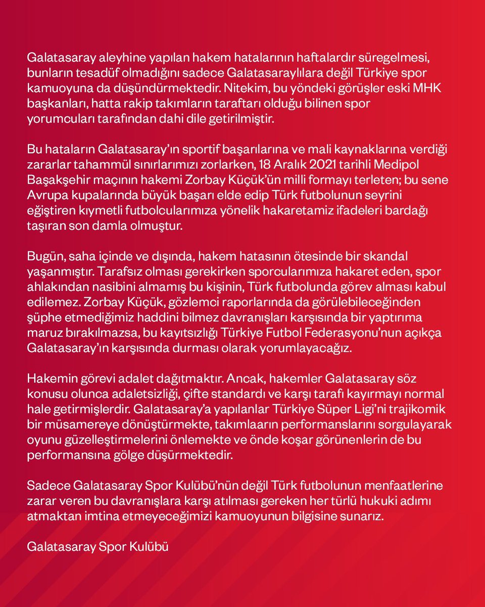 Galatasarayın 2021 yılında "HERKES FARKINDA " başlığı ile Zorbay Küçük hakkında ki yazısı ⬇️