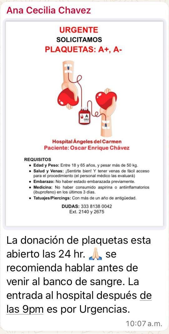 Trafico_ZMG's tweet photo. 🩸 Se solicitan donadores de plaquetas para el paciente Oscar Enrique Chávez. Consulta  más información en la imagen 👇

#ServicioSocial https://t.co/hyokGGLAfe