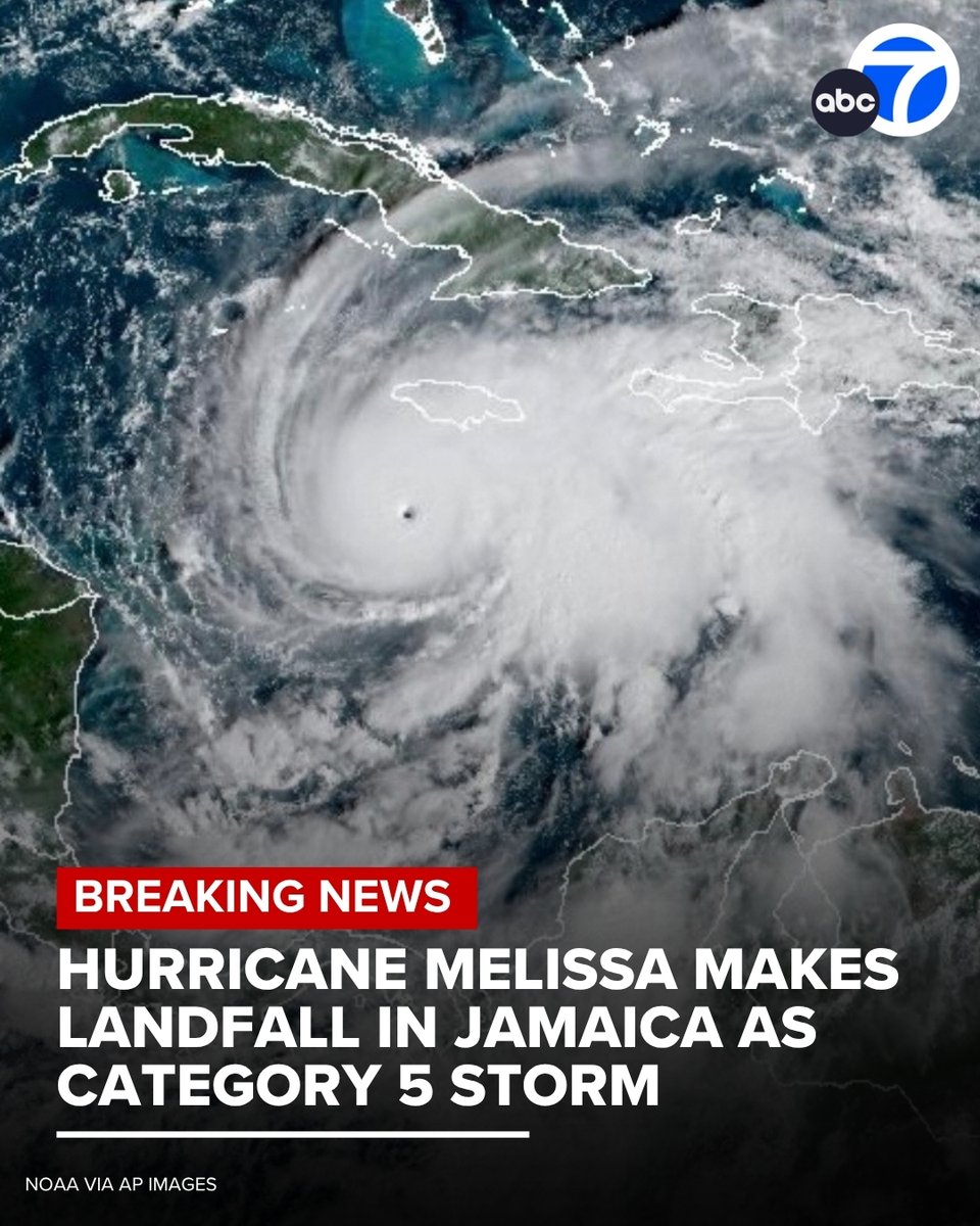 ABC7's tweet photo. #BREAKINGNEWS: Hurricane Melissa has made landfall Tuesday in Jamaica as a catastrophic Category 5 storm, one of the strongest Atlantic hurricanes in history.

Forecasters warned that Melissa also was expected to make landfall in eastern Cuba late Tuesday or early Wednesday and then head toward the southeast Bahamas. It was not expected to affect the United States. https://t.co/RnyQNVNFeN