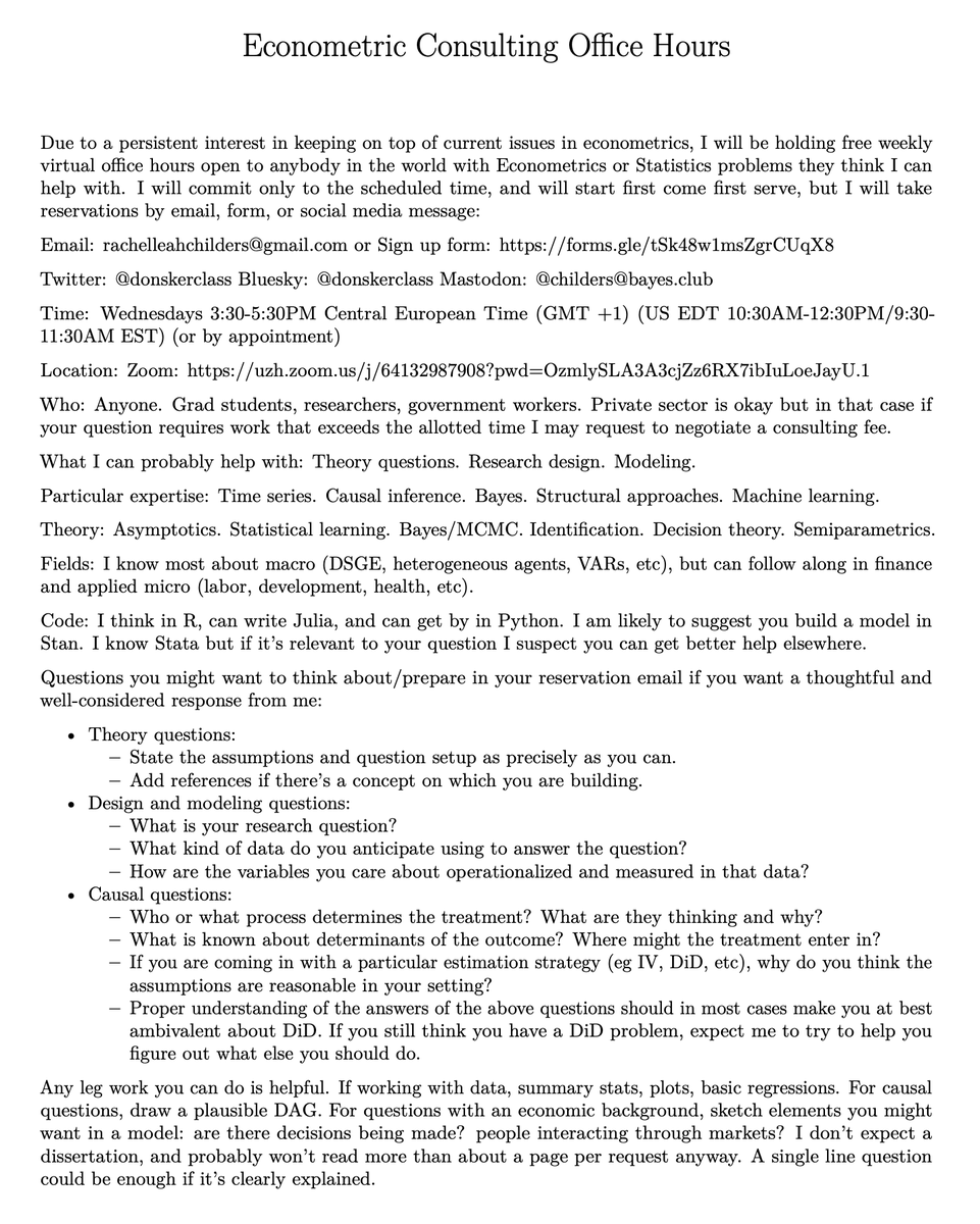 DonskerClass's tweet image. Updated Fall time for free weekly open office hours for anyone in the world with Econometrics questions. 
Wednesdays 3:30-5:30PM Central European Time (US EDT 10:30/EST 9:30AM) or by appointment; sign up and drop by!
