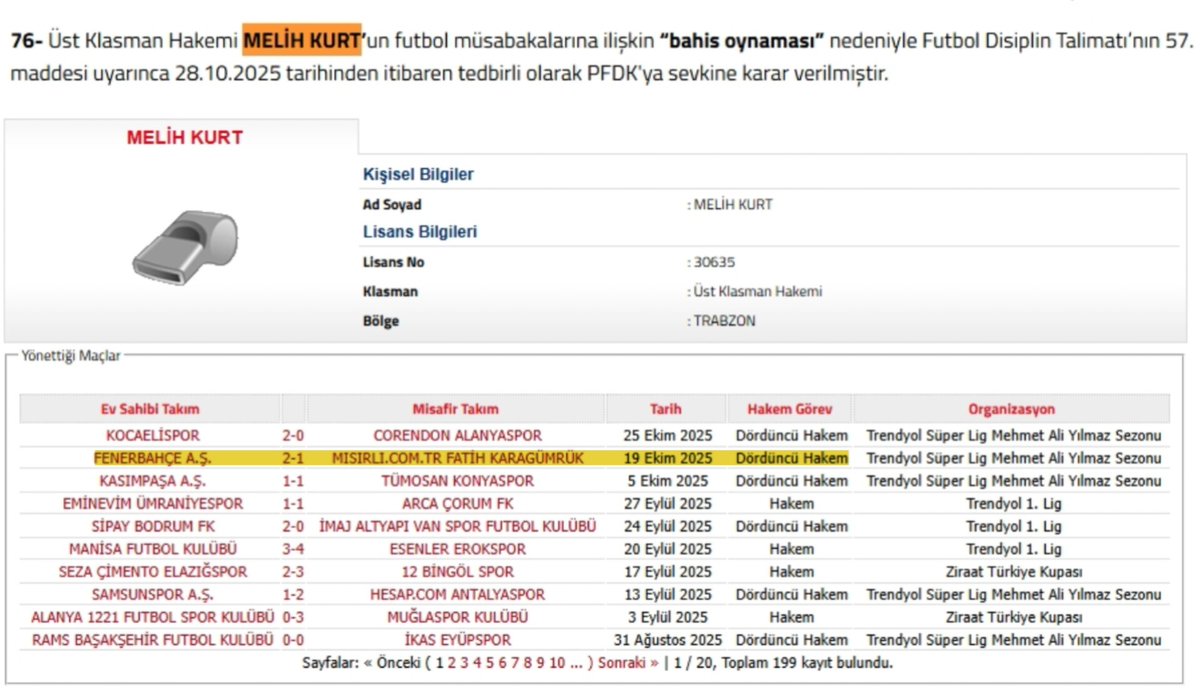 Bu sezon oynanan Fenerbahçe - Karagümrük maçının dördüncü hakemi Melih Kurt, bahis oynaması gerekçesiyle disipline sevk edildi.

Karşılaşmada hakemi uyarmıştı ve Karagümrük oyuncusu Balkovec, ikinci sarı kart ile oyundan ihraç edilmişti.