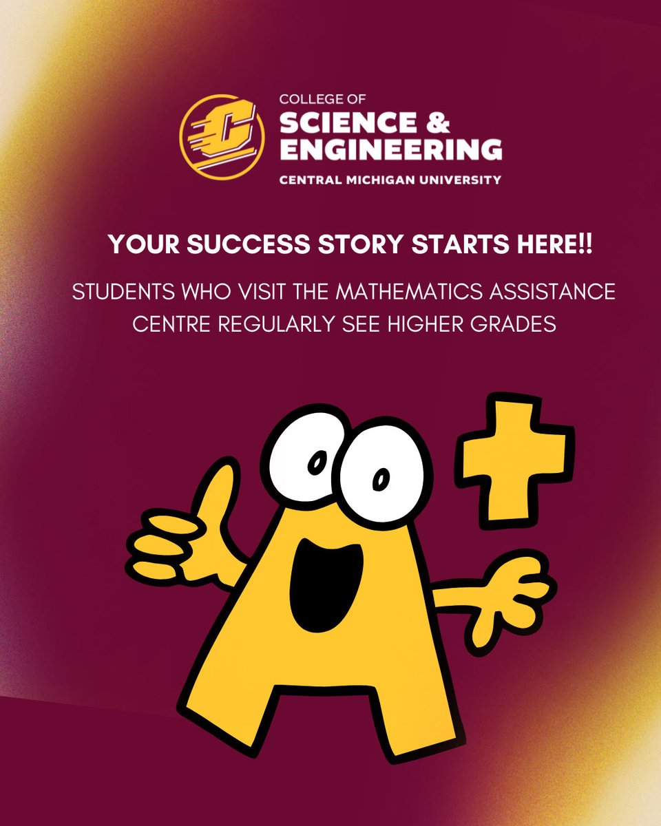 cmichSE's tweet image. Consistency pays off! Students who use the Mathematics Assistance Center often score higher and feel more confident in math.
Make MAC your go-to study spot one session at a time.

#CMUStudents #STEMSupport #FireUpChips