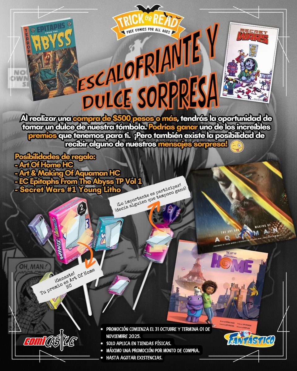 FantasticoComic's tweet photo. 🎃 ¡T𝑅I𝐶K O𝑅 𝑅E𝐴D E𝑁 𝐹A𝑁T𝐴́S𝑇I𝐶O! 👻
Participa en nuestra dulce dinámica este Halloween prueba tu suerte 🍀
🕸️ En compras de $500 o más, podrás tomar un dulce de nuestra calabaza.
⚡ Promoción comienza el 31 de octubre, hasta agotar existencias🦸♀️
#TrickOrRead #dulces https://t.co/NgoXtCYmFc
