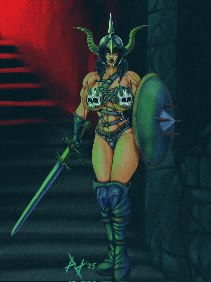 Pabstdaddyart's tweet photo. I decided to finally try and painting instead of a line drawing like i normally do and really like how it turned out. Slap full of old school dark fantasy vibes. #DarkFantasy ##swordandsorcery #fantasyart #retro #nsfw #warrior #HorrorArt #digitalpainting https://t.co/B2mAiIfv3u