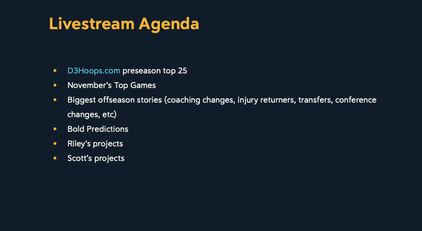 <a href="/ZayasRiley/">Riley Zayas</a> and I will be kicking off the 2025-26 D3 WBB season with a preseason livestream on Tuesday, Nov 4, at 6pm ET!  (link will be tweeted out in the coming days). 

Tenative agenda here: