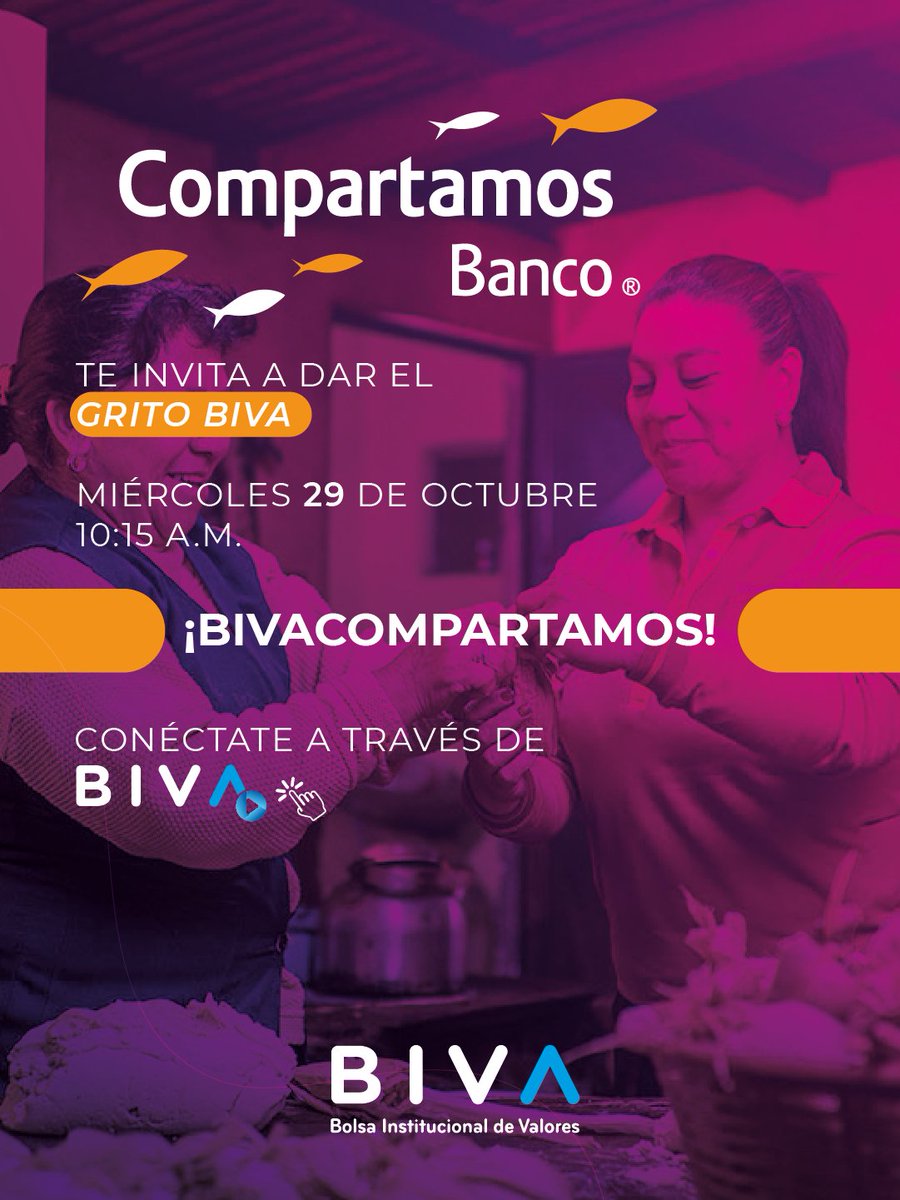 Este miércoles 29 de octubre a las 10:15 a.m. acompáñanos en el #GritoBIVA de Compartamos Banco (<a href="/CompartamosBanc/">Compartamos Banco</a>), donde celebraremos una nueva emisión que fortalece la inclusión financiera y el crecimiento de más personas y comunidades en México.

Súmate a este momento que