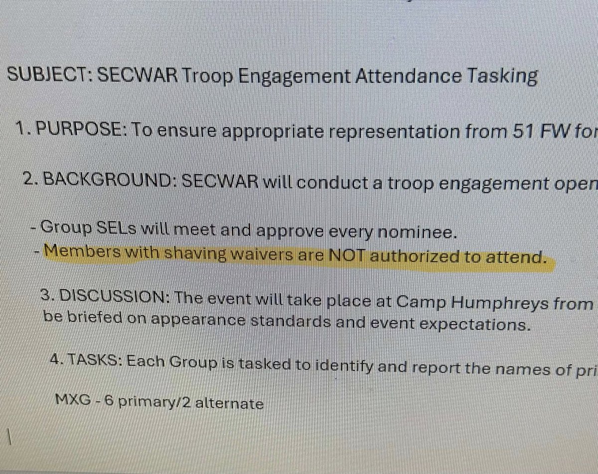 Servicemembers with medical shaving waivers will not be allowed to attend an event later this week with Secretary of Defense Pete Hegseth at Camp Humphreys in South Korea, according to a leaked email memo from the 51st Fighter Wing at Osan Air Base.