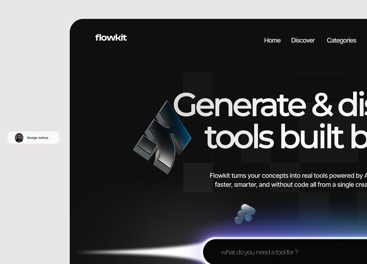 georgecr3ations's tweet image. I worked on a concept for a founder who had a simple question:
“Why can’t AI just build the tools I need?”

That became Flowkit. a platform where AI helps you generate and discover the exact tools your workflow needs.

Clean, smart, and built for creators.

#ai #uiux #tools…