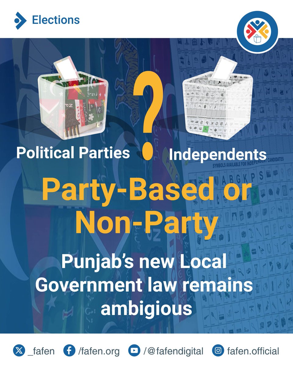 _FAFEN's tweet image. Punjab’s new Local Government Act leaves it unclear whether upcoming local polls will be party-based or not. FAFEN unpacks the legal ambiguities in the new law. Read it at: fafen.org/plga-unclear-o…
#PLGA2025 #PunjabLGElections #GovernanceReforms #LocalGovernance #Article140A…