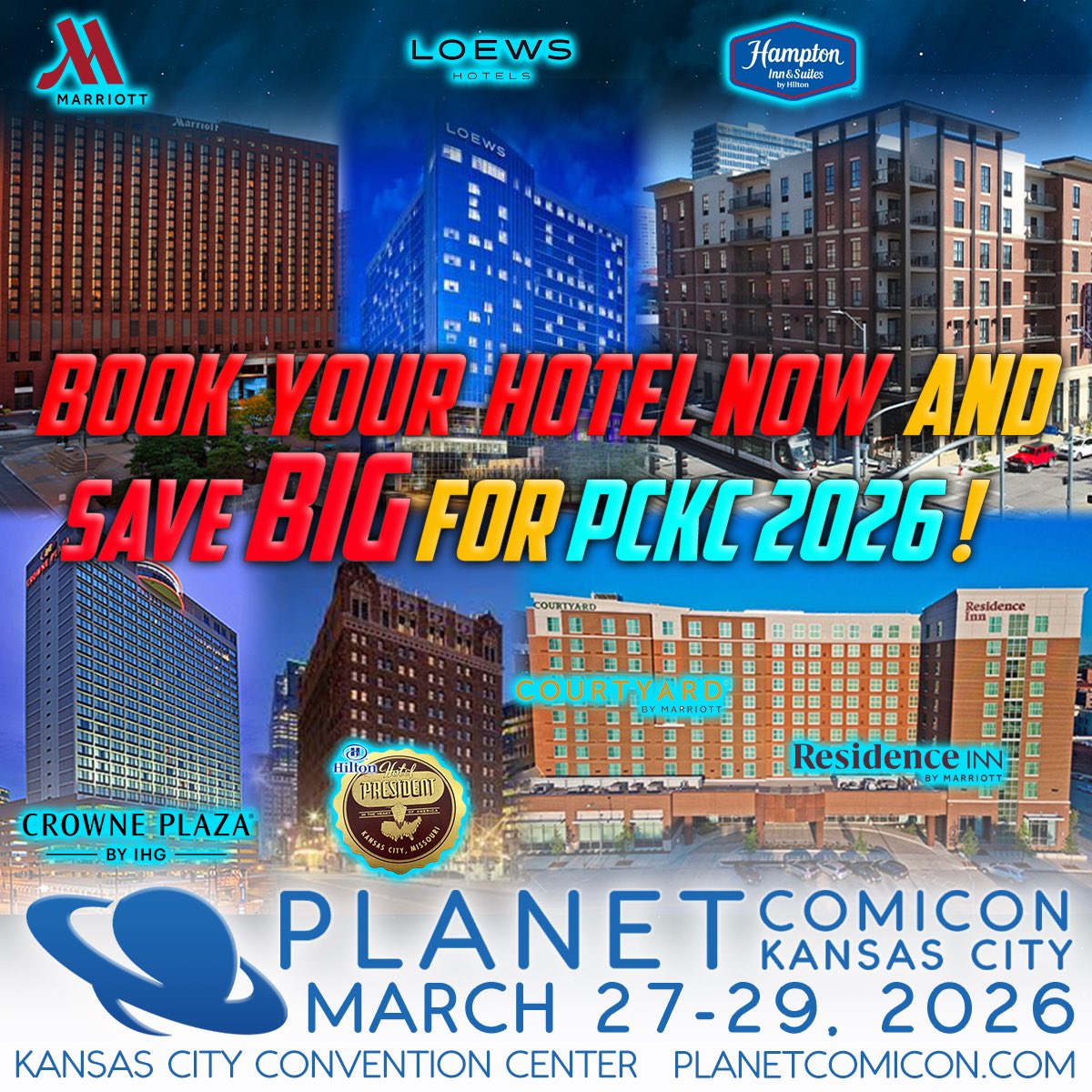 🏨✨ We recommend snagging your hotel room ASAP to ensure a comfortable stay during Planet Comicon Kansas City. Plus, we’ve negotiated exclusive discounted rates for an unforgettable weekend at the convention!

Book your hotel here: planetcomicon.com/hotels/
