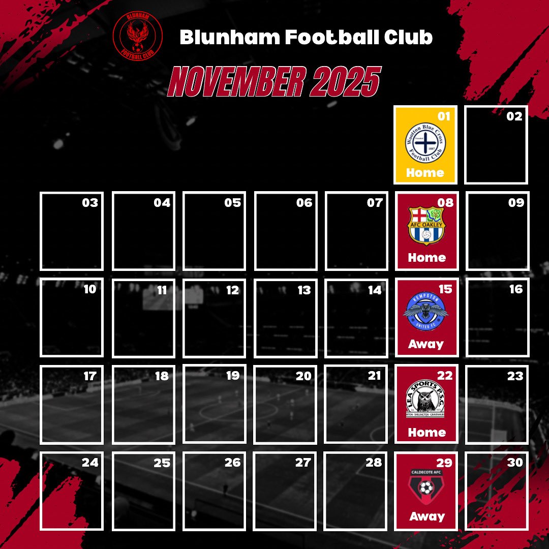 Blunham_fc's tweet photo. โฝ November Fixtures โฝ
After a mixed October with 2 losses and 1 win, we kick off the month with a County Cup tie before returning to league action! ๐๐ฅ
๐ 2 Home | 2 Away | 1 Cup
Letโs bounce back strong and make it a month to remember! ๐ดโซ๏ธ
#UpTheBlunham #NovemberFixtures https://t.co/fr5ctcKt6K