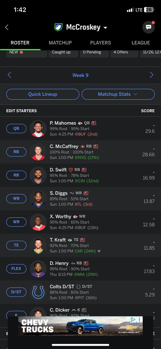 Ericmccroskey's tweet photo. ⁦@PPRFantasyTips⁩ This is my roster and I was offered Ladd and Pollard for either Henry or Swift. Would you do it and who should I give up? Thanks! https://t.co/cXxo7Kxn3Y