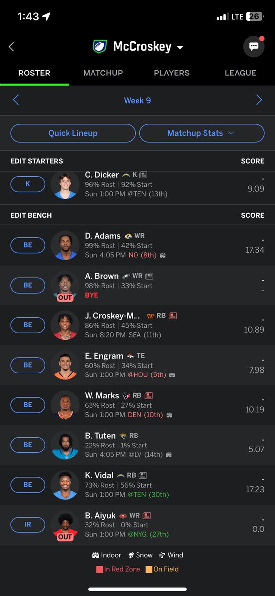 Ericmccroskey's tweet photo. ⁦@PPRFantasyTips⁩ This is my roster and I was offered Ladd and Pollard for either Henry or Swift. Would you do it and who should I give up? Thanks! https://t.co/cXxo7Kxn3Y
